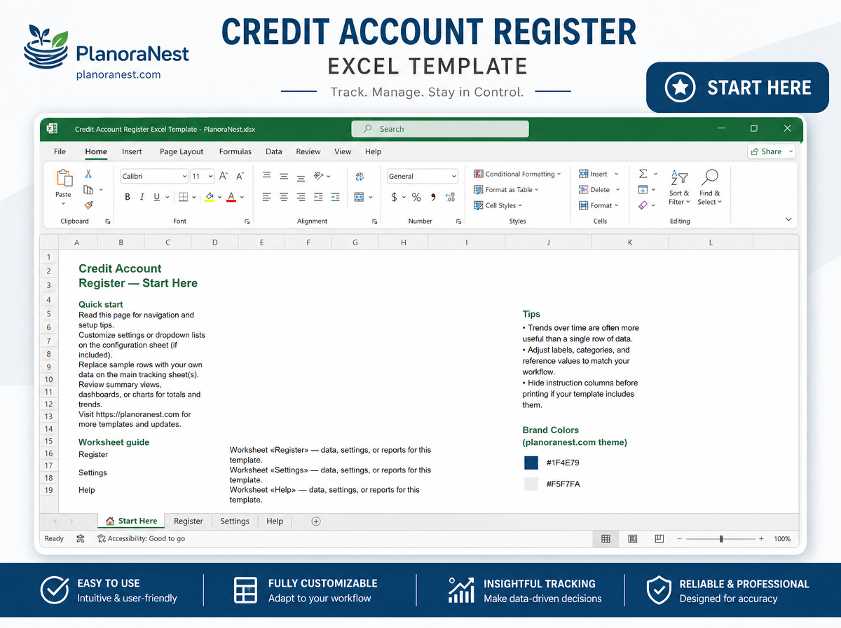 credit account register excel template — Start Here sheet