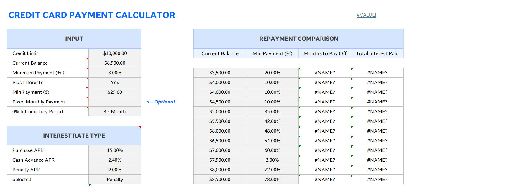 credit card minimum payment calculator excel screenshot — PlanoraNest Excel template