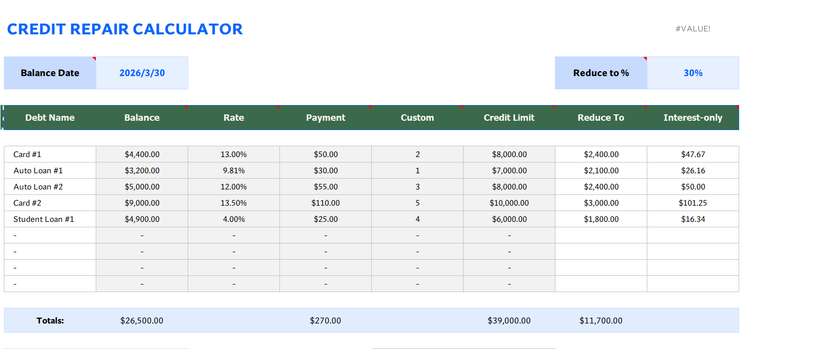 credit repair calculator excel screenshot — PlanoraNest Excel template