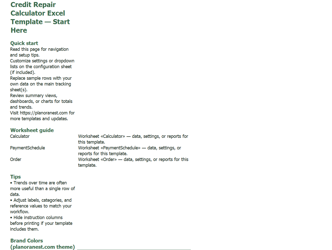 credit repair calculator excel start here screenshot — PlanoraNest Excel template