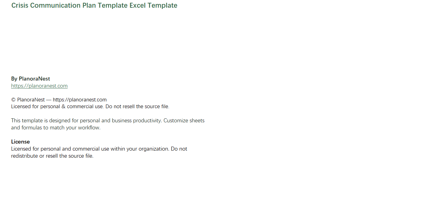 crisis communication plan template excel screenshot — PlanoraNest Excel template