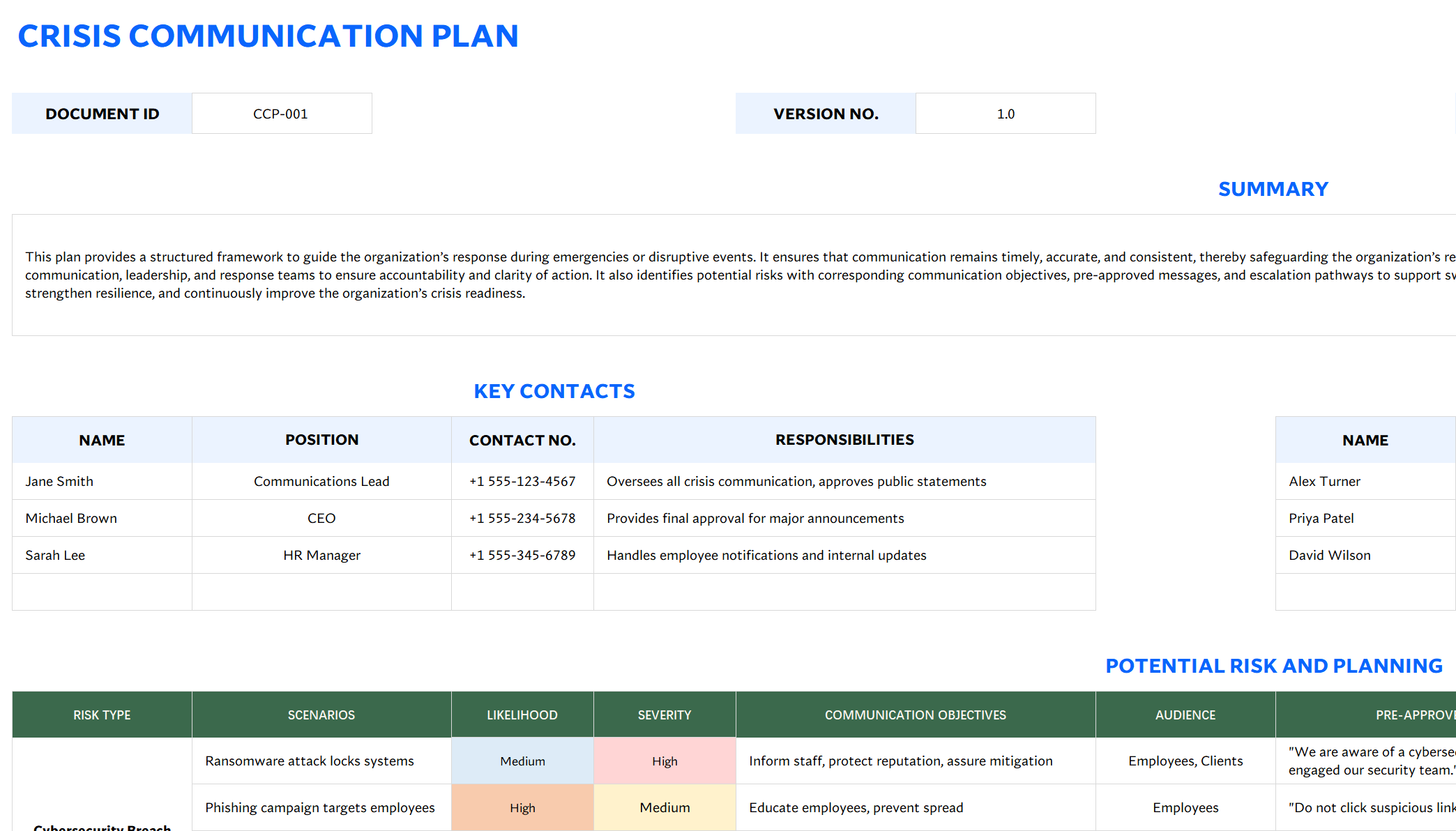excel crisis communication plan template template screenshot — PlanoraNest Excel template