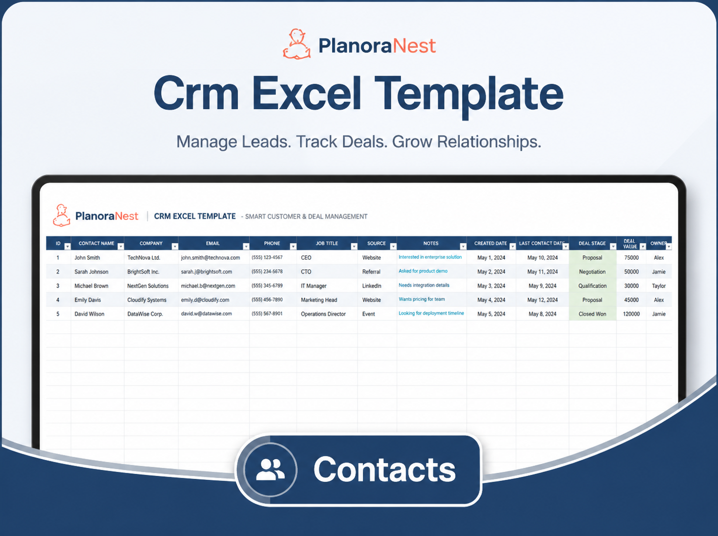 crm excel template download contacts screenshot — PlanoraNest Excel template
