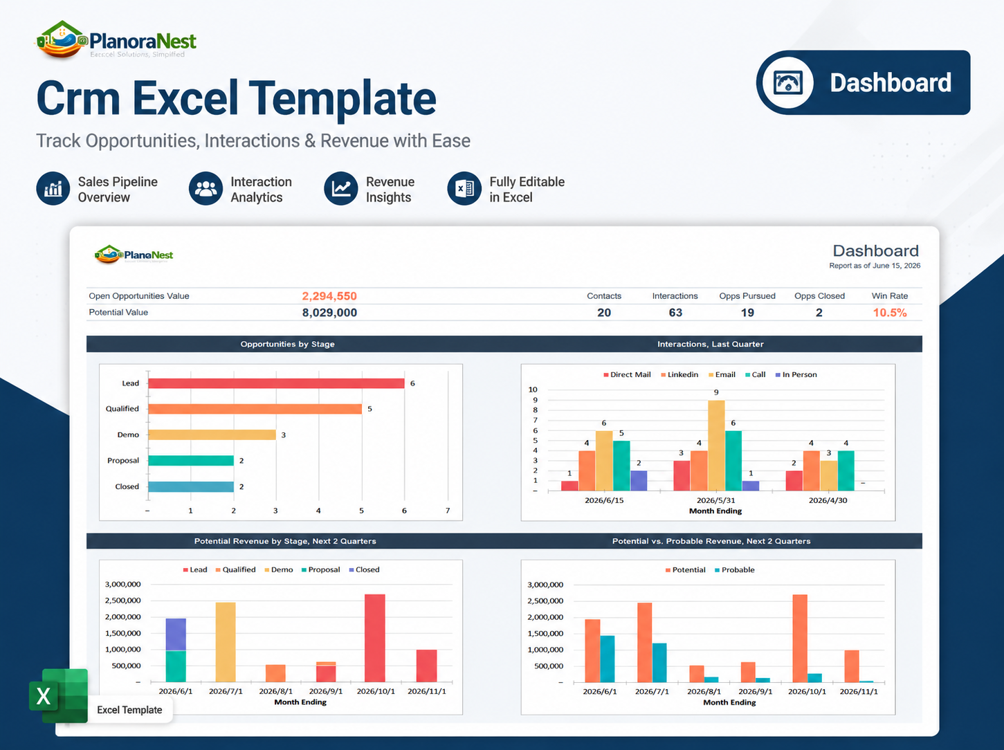 excel crm template download dashboard screenshot — PlanoraNest Excel template