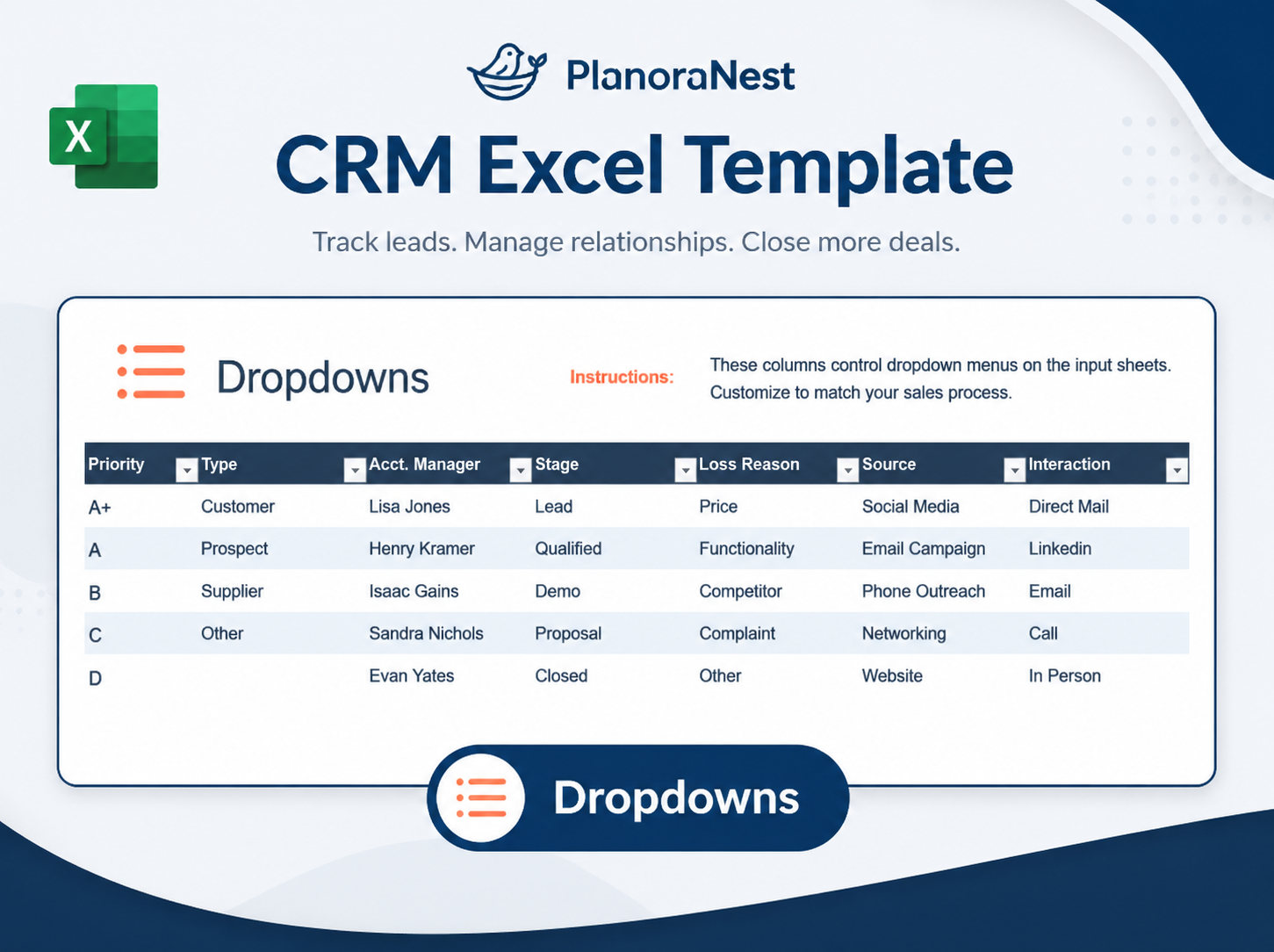crm template excel dropdowns screenshot — PlanoraNest Excel template