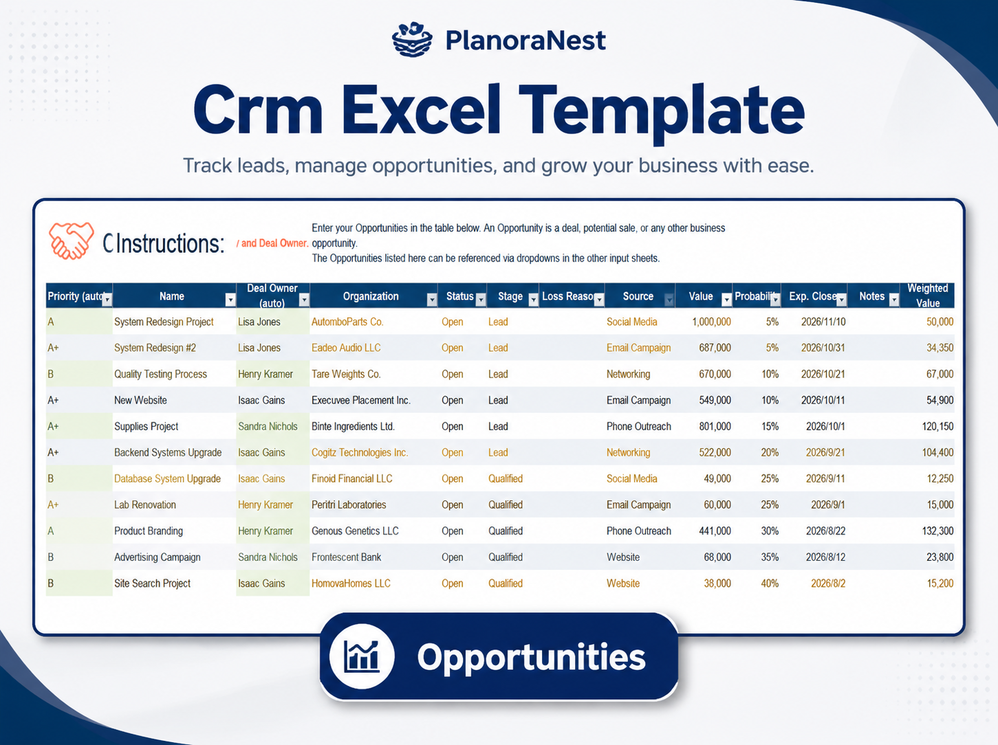 crm template for excel opportunities screenshot — PlanoraNest Excel template