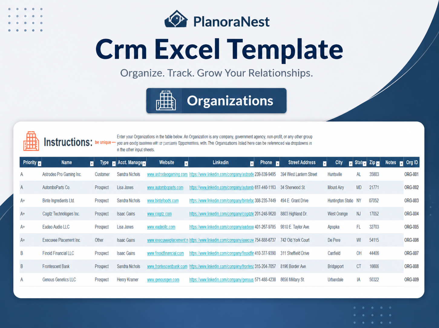 crm excel spreadsheet template organizations screenshot — PlanoraNest Excel template