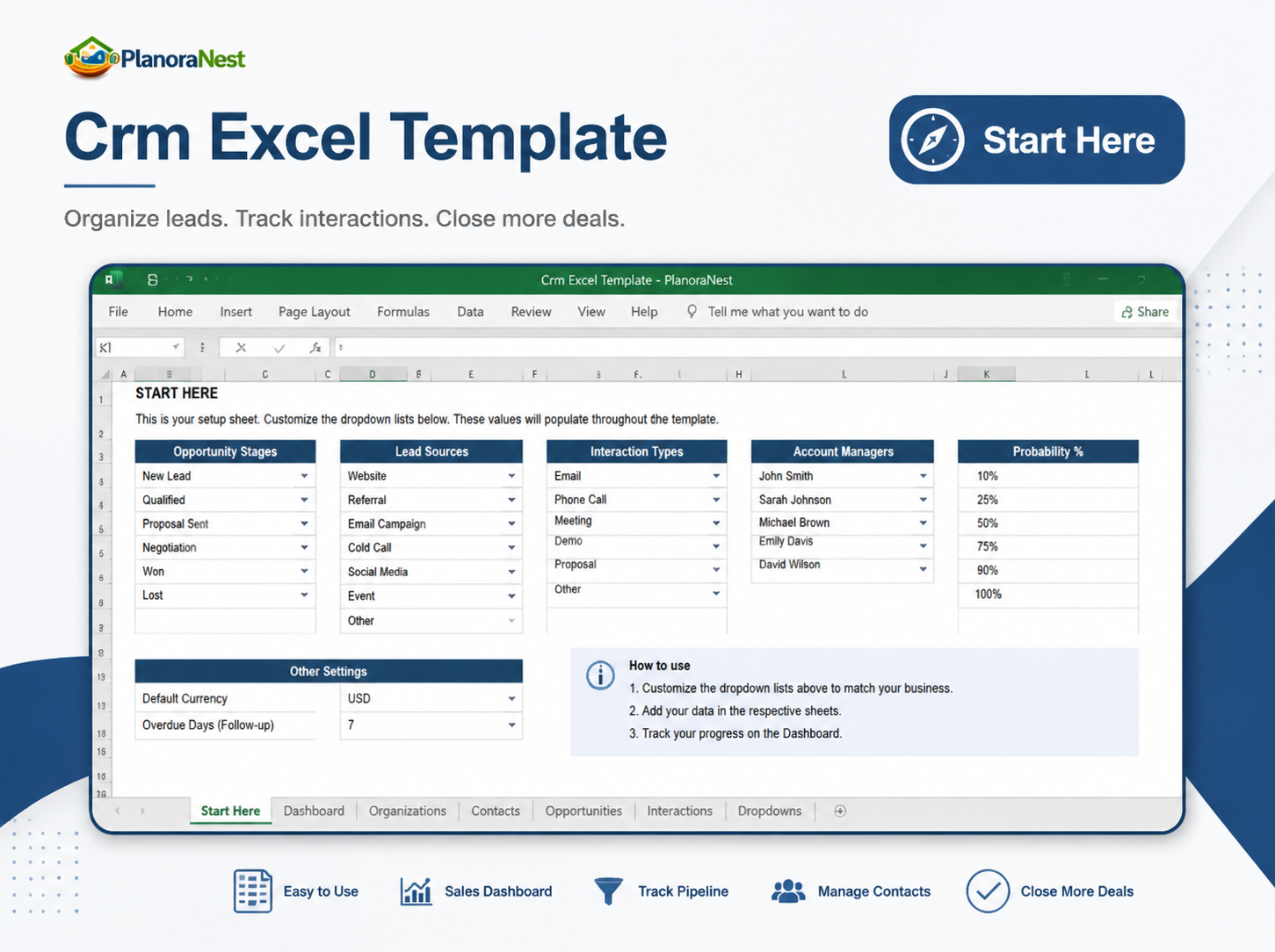 crm excel template spreadsheet start here screenshot — PlanoraNest Excel template