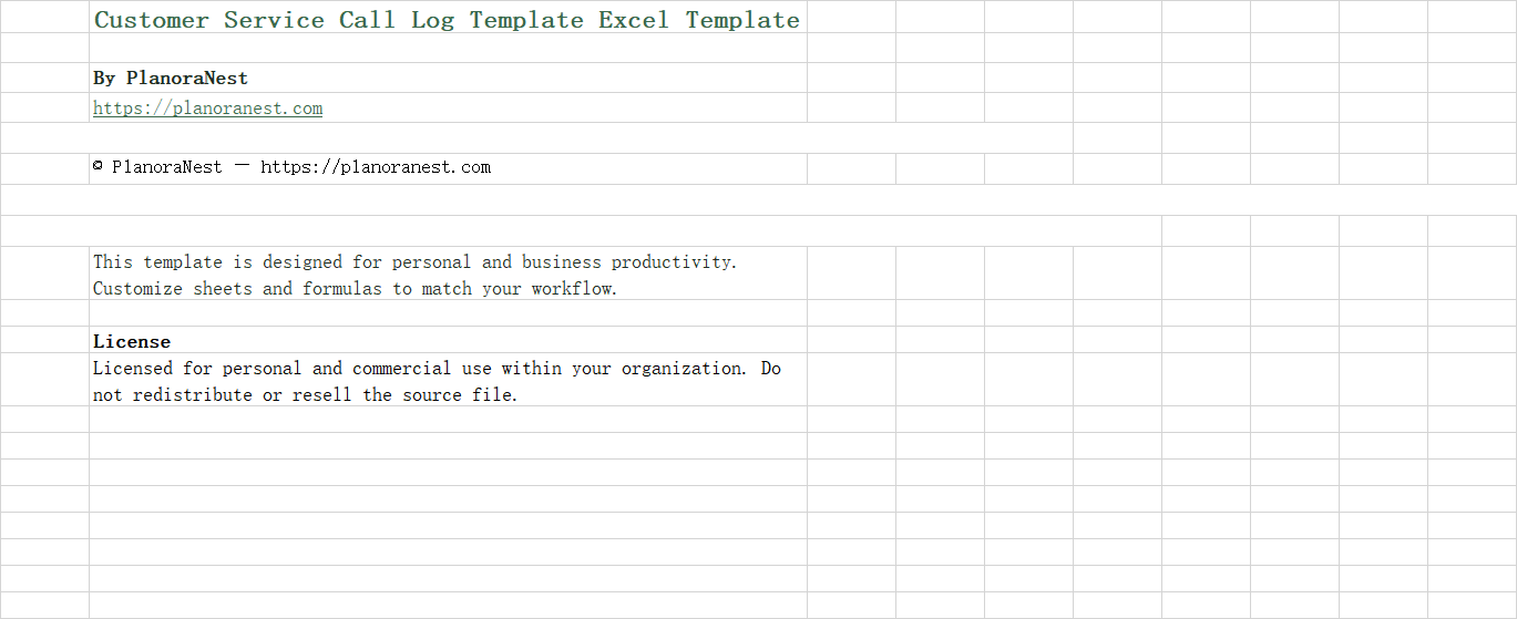 customer service call log template excel screenshot — PlanoraNest Excel template