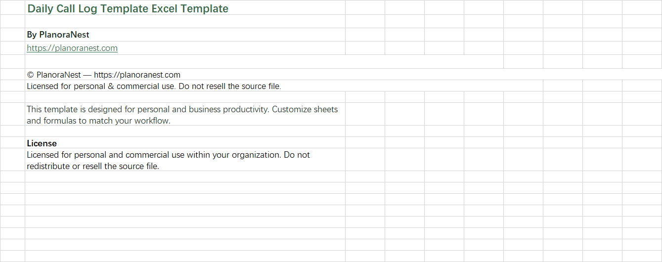 daily call log template excel screenshot — PlanoraNest Excel template
