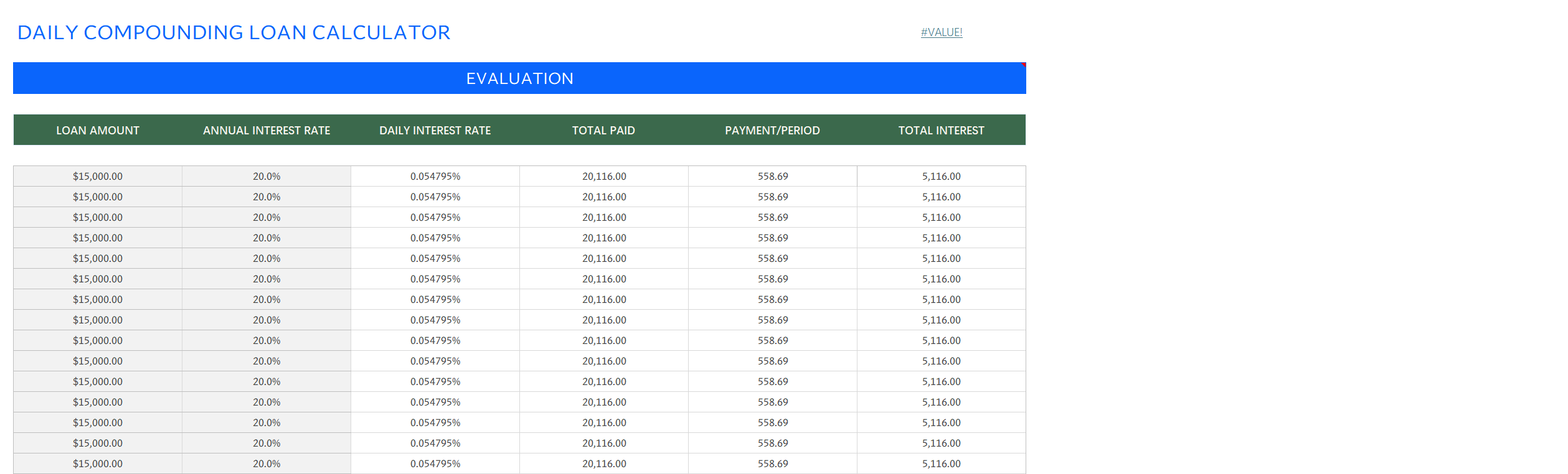 daily compounding loan calculator excel excel screenshot — PlanoraNest Excel template