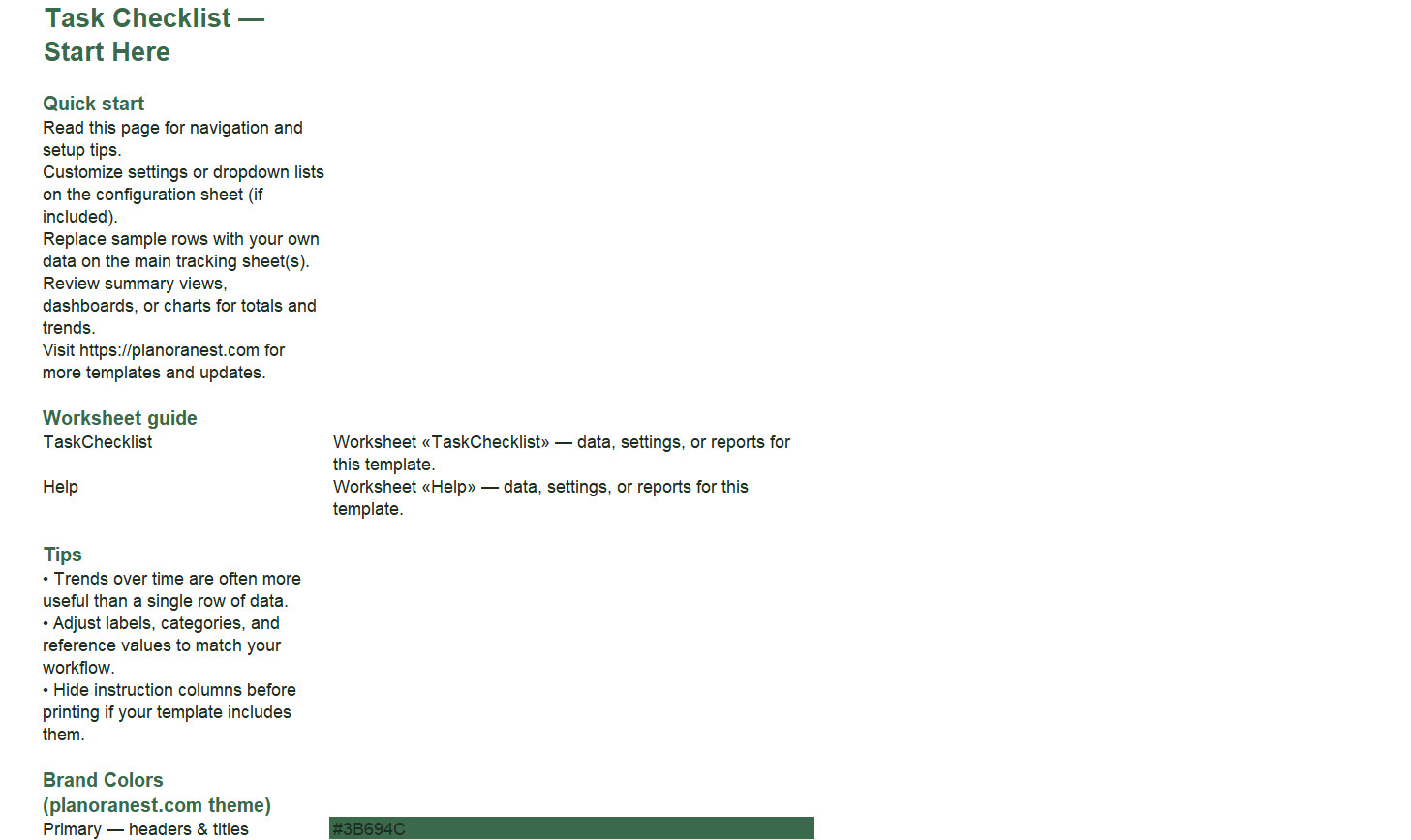 daily task checklist excel start here screenshot — PlanoraNest Excel template