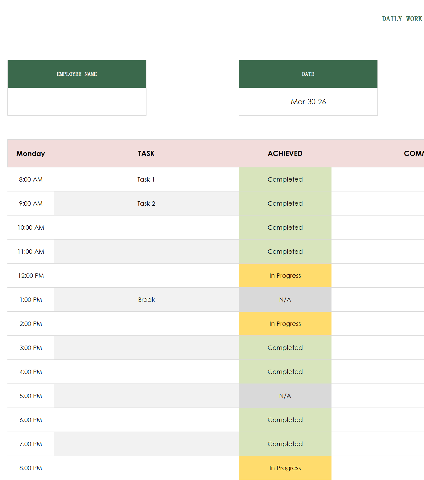 excel daily work schedule template template screenshot — PlanoraNest Excel template