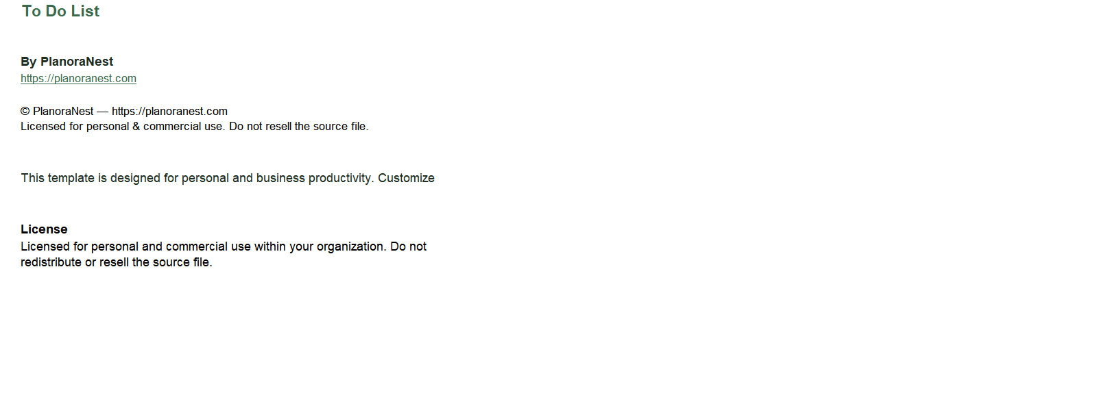 download to do list template excel — About sheet