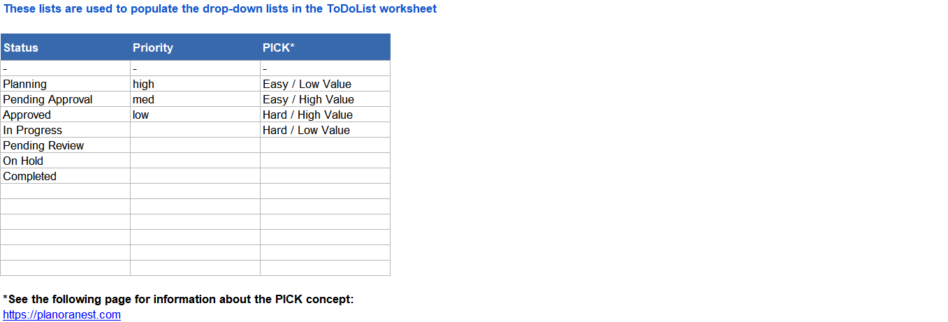 download to do list template excel — Lists sheet