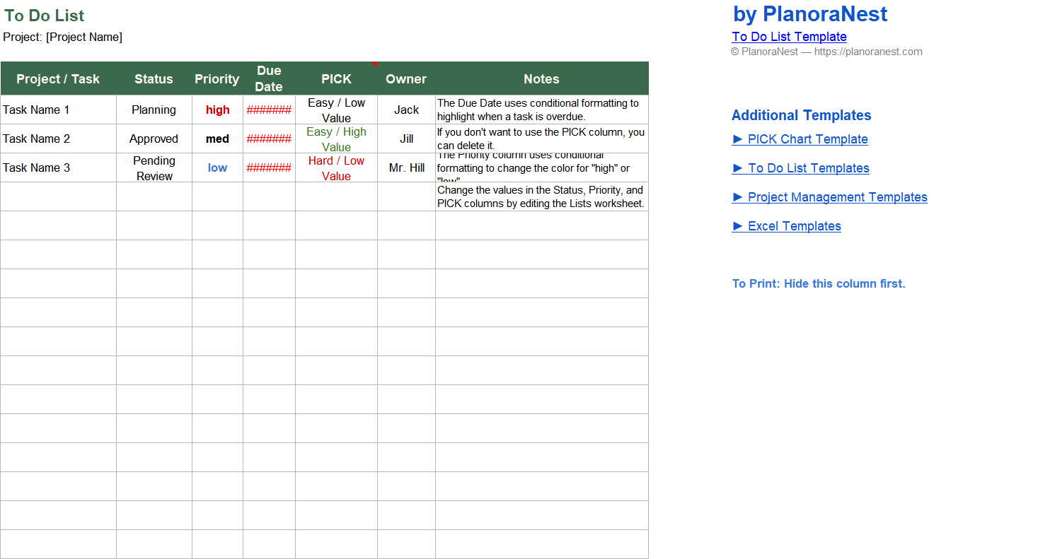 download to do list template excel — ToDoList sheet
