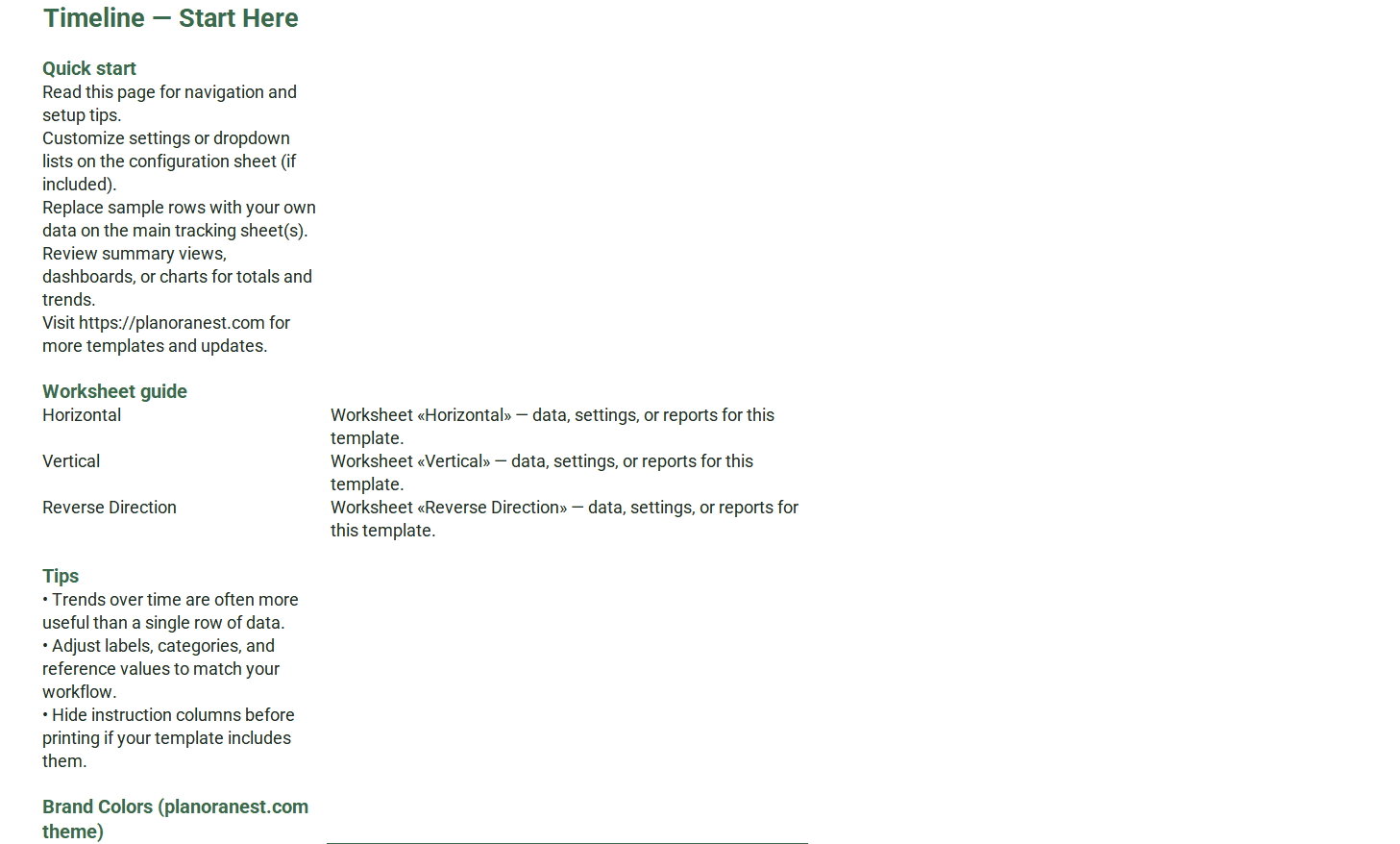 download project timeline template excel start here screenshot — PlanoraNest Excel template
