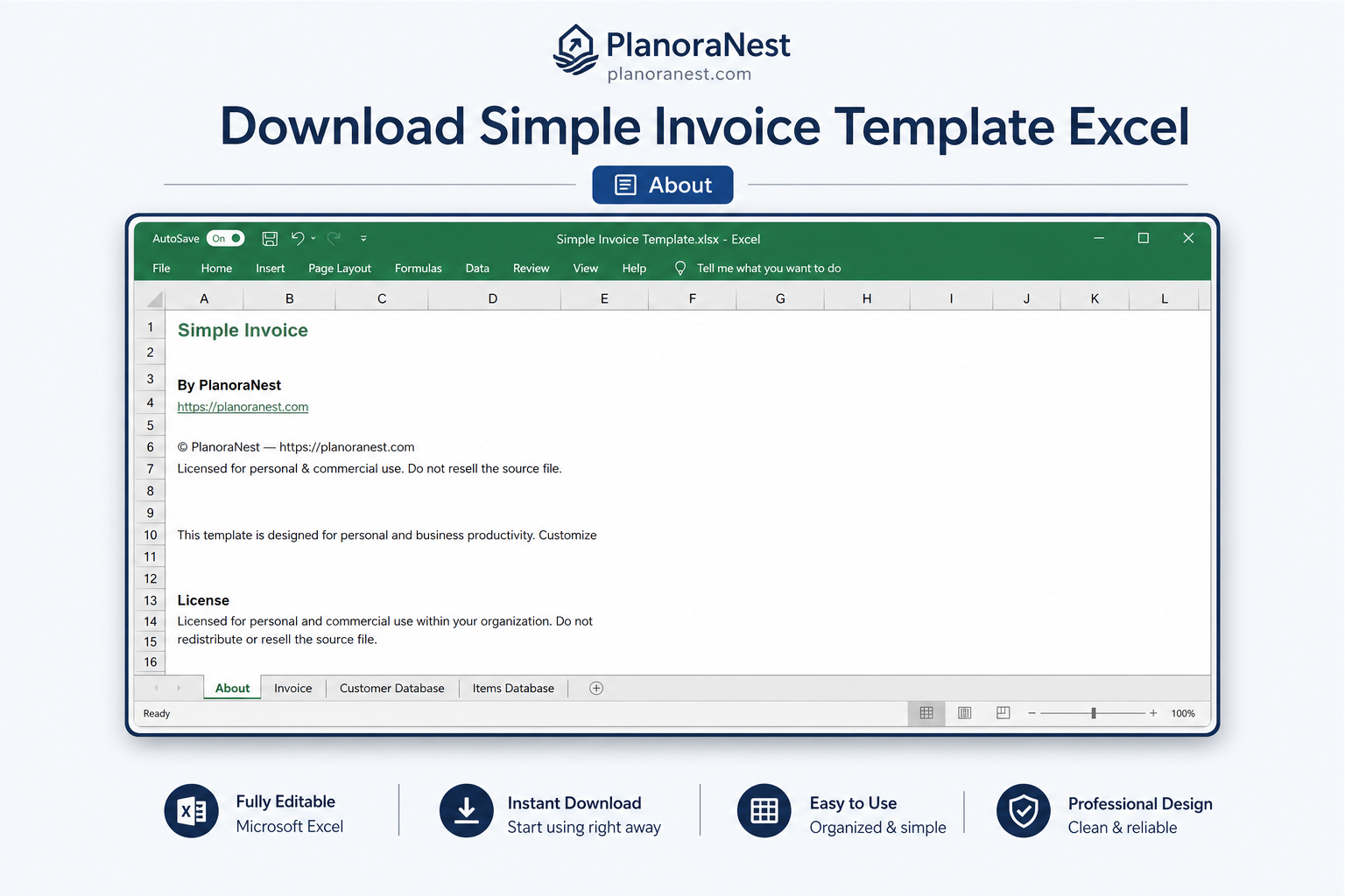 invoice simple template excel download screenshot — PlanoraNest Excel template