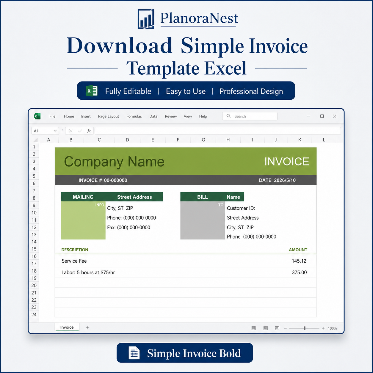 simple invoice template excel download screenshot — PlanoraNest Excel template