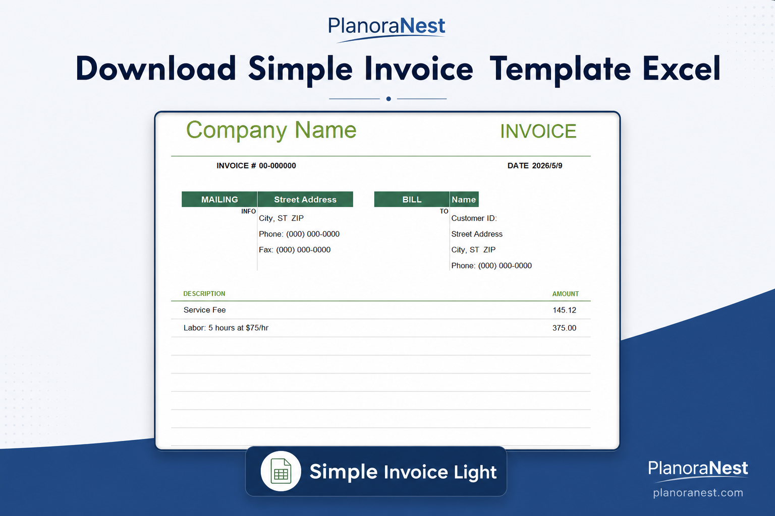 downloadable simple invoice template excel screenshot — PlanoraNest Excel template