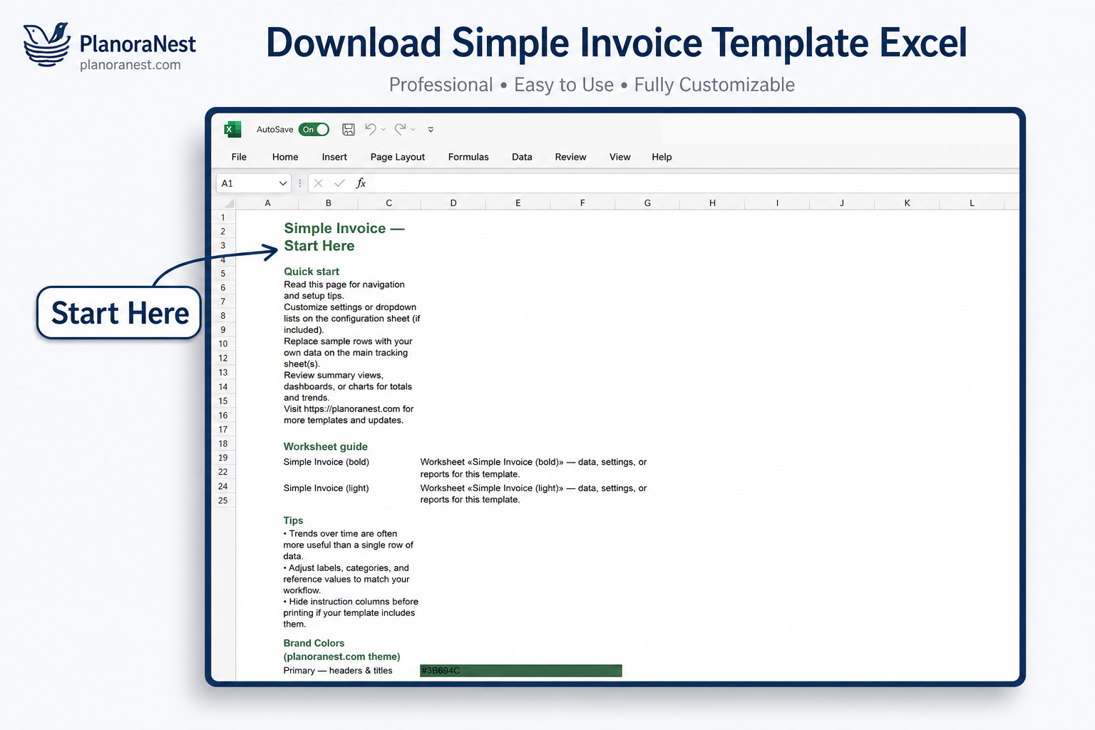 simple invoice template excel format start here screenshot — PlanoraNest Excel template