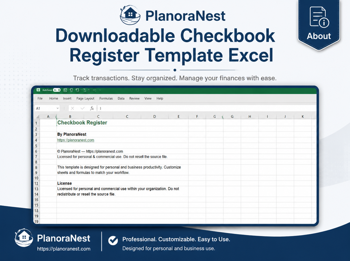 excel checkbook register template download screenshot — PlanoraNest Excel template