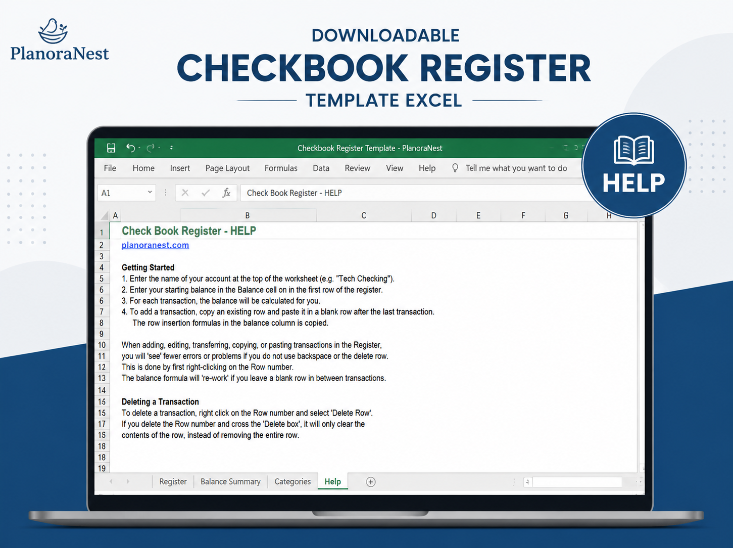 excel spreadsheet template for checkbook register screenshot — PlanoraNest Excel template
