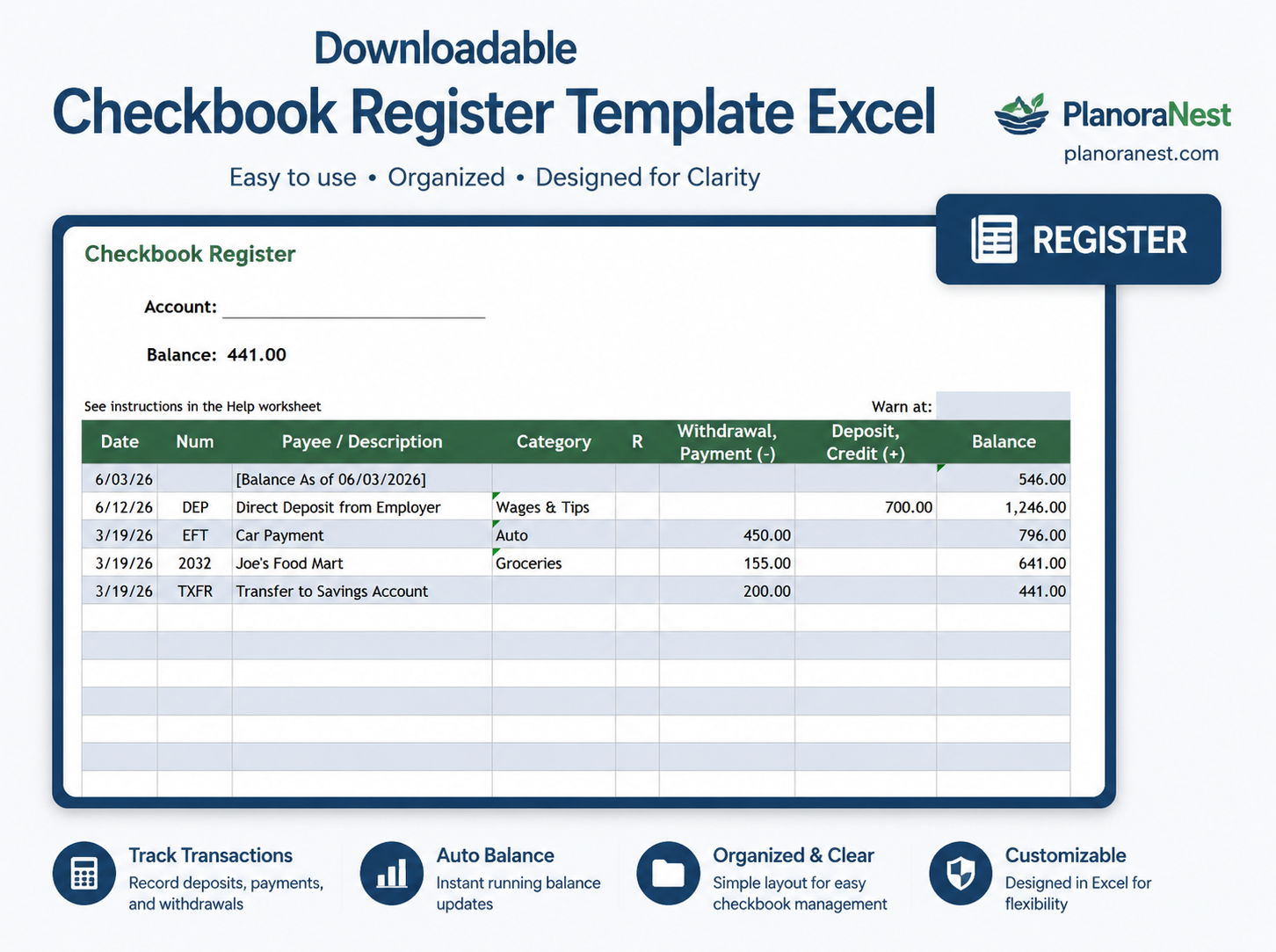 microsoft excel checkbook register template screenshot — PlanoraNest Excel template