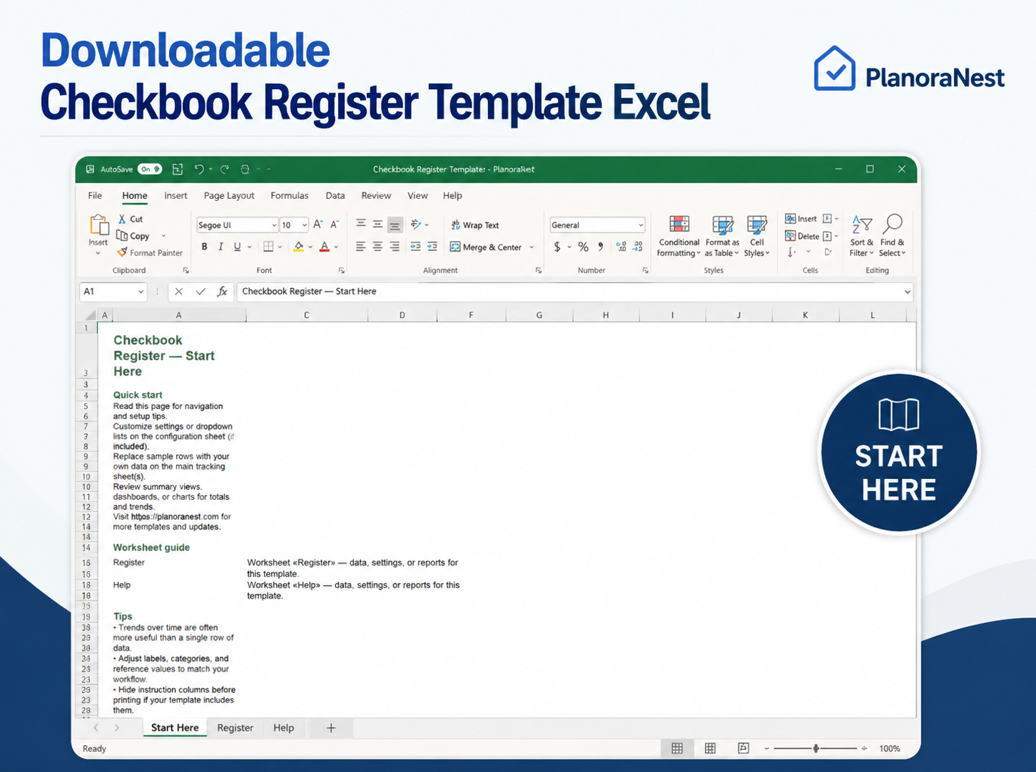 excel 2007 checkbook register template start here screenshot — PlanoraNest Excel template