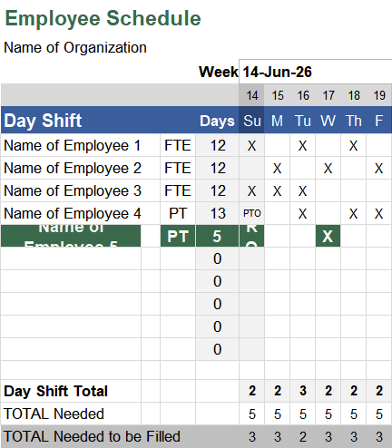 employee schedule excel spreadsheet template screenshot — PlanoraNest Excel template
