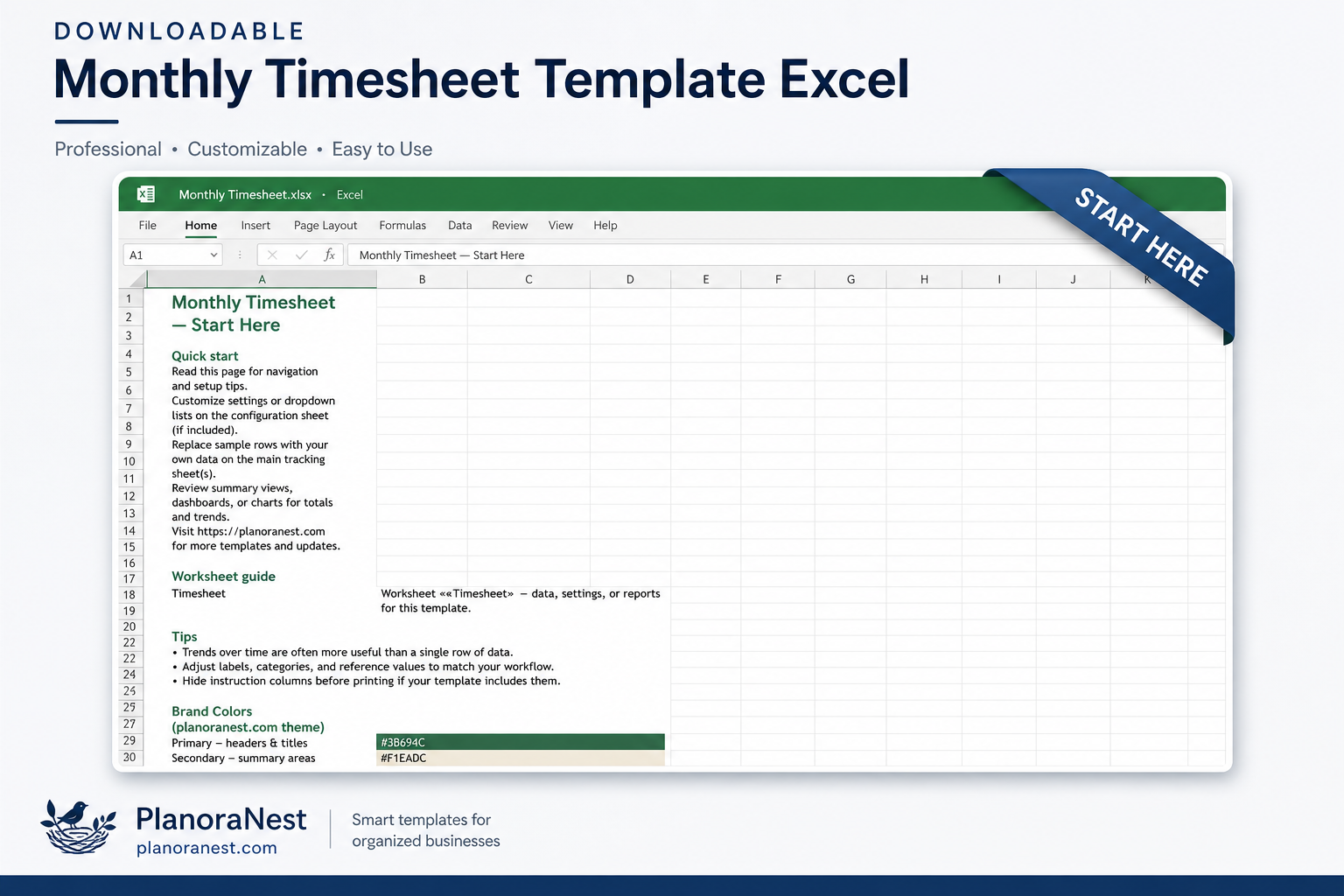 downloadable monthly timesheet template excel — Start Here sheet
