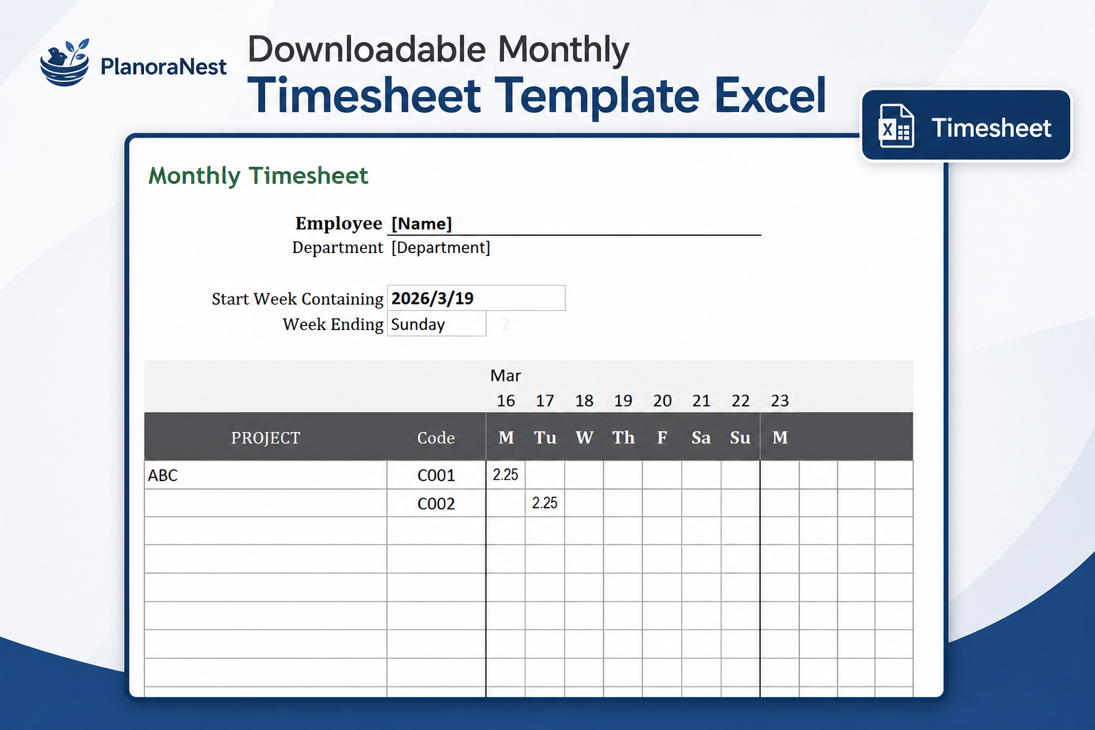 bi monthly timesheet template excel screenshot — PlanoraNest Excel template