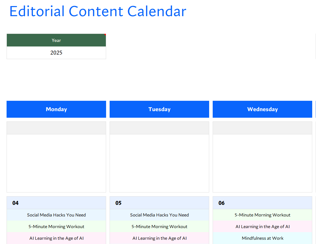 editorial content calendar template excel screenshot — PlanoraNest Excel template