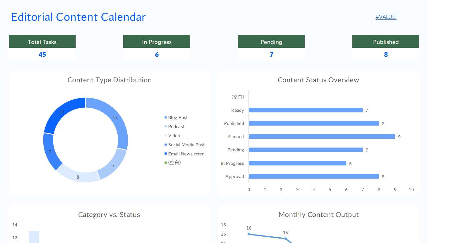 editorial content calendar template excel dashboard screenshot — PlanoraNest Excel template
