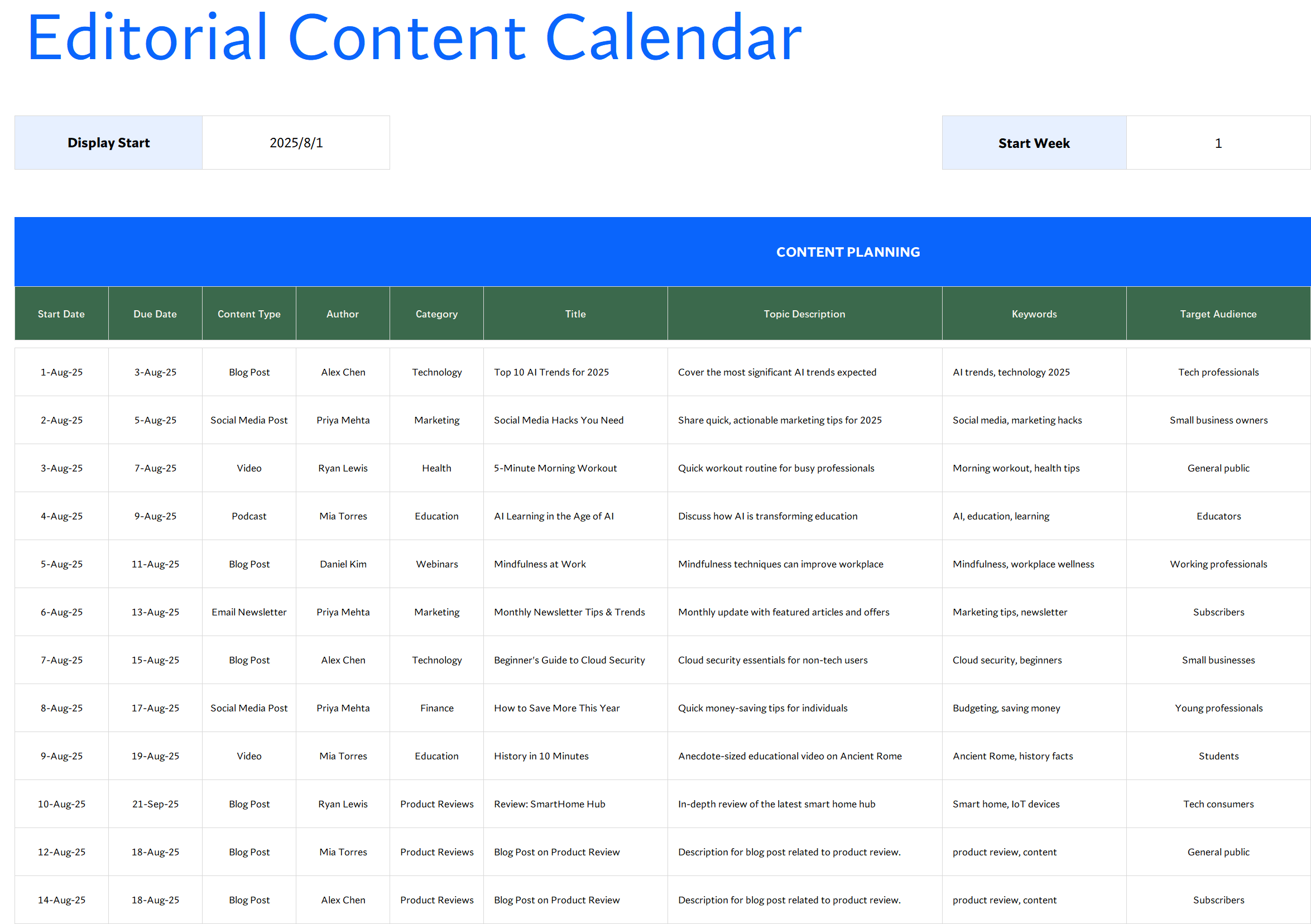excel editorial content calendar template template screenshot — PlanoraNest Excel template