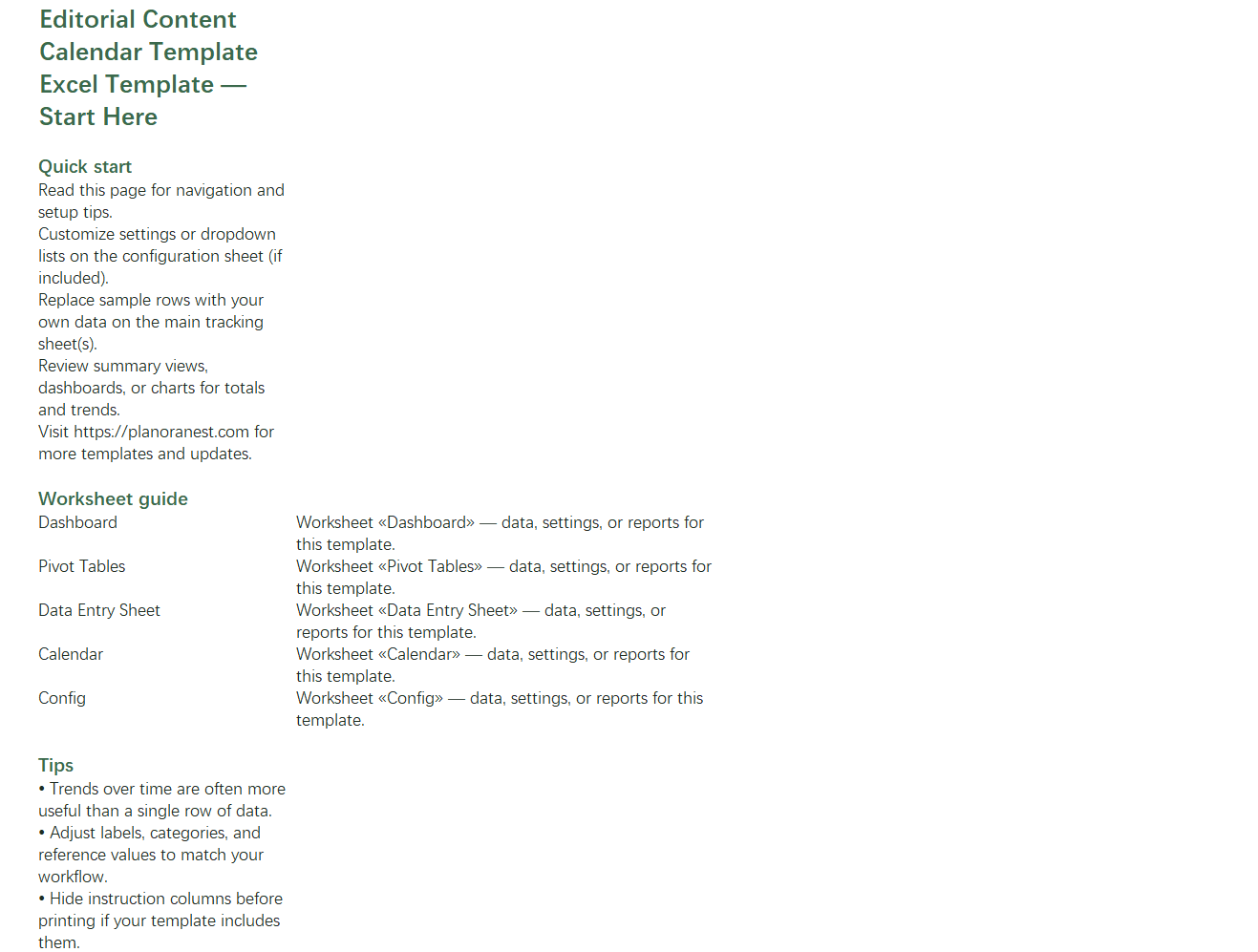 editorial content calendar template excel start here screenshot — PlanoraNest Excel template