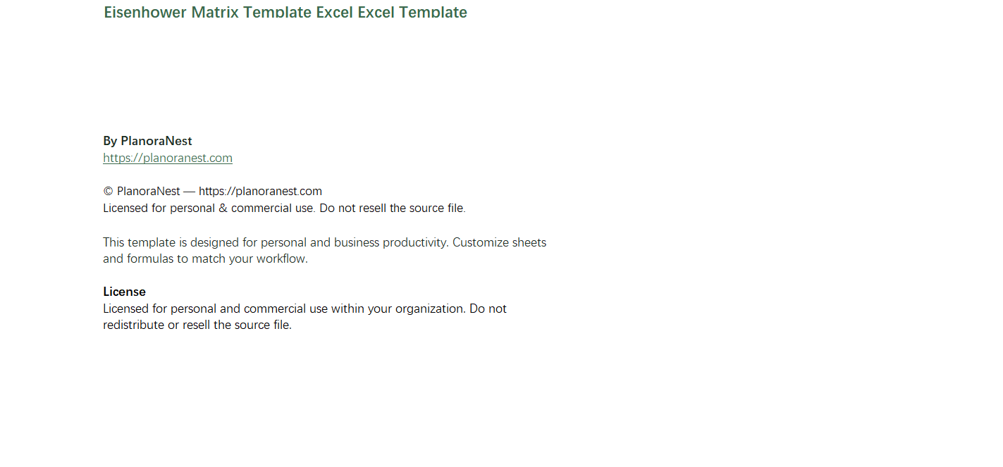eisenhower matrix template excel excel screenshot — PlanoraNest Excel template