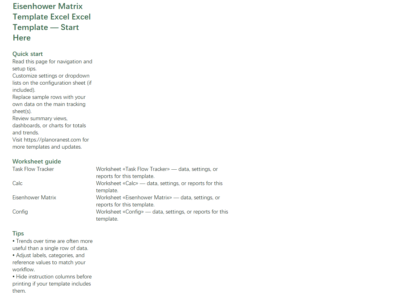 excel eisenhower matrix template excel template start here screenshot — PlanoraNest Excel template