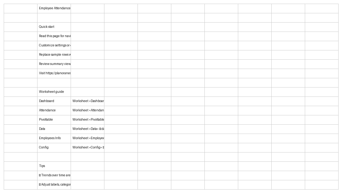 employee attendance tracker template excel template start here screenshot — PlanoraNest Excel template