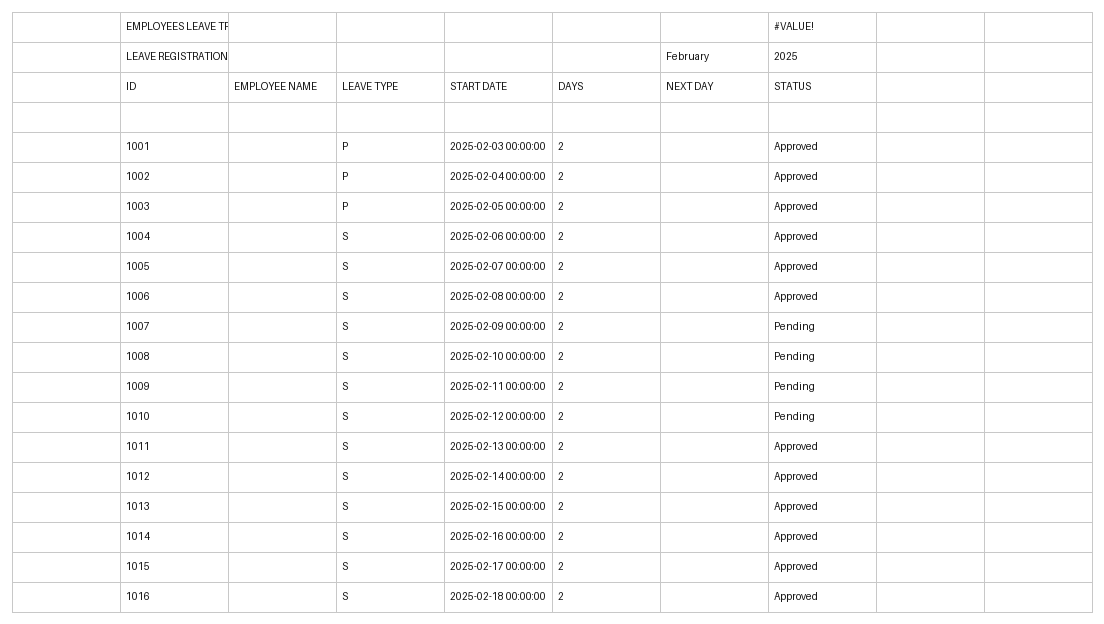 employee leave tracker excel template screenshot — PlanoraNest Excel template