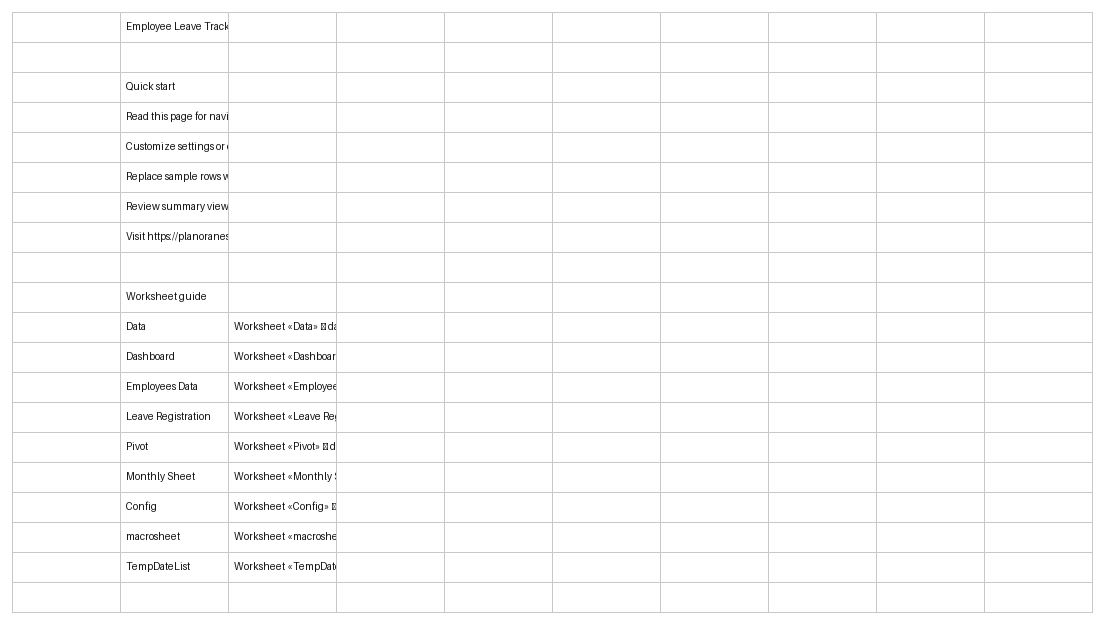 employee leave tracker excel template start here screenshot — PlanoraNest Excel template