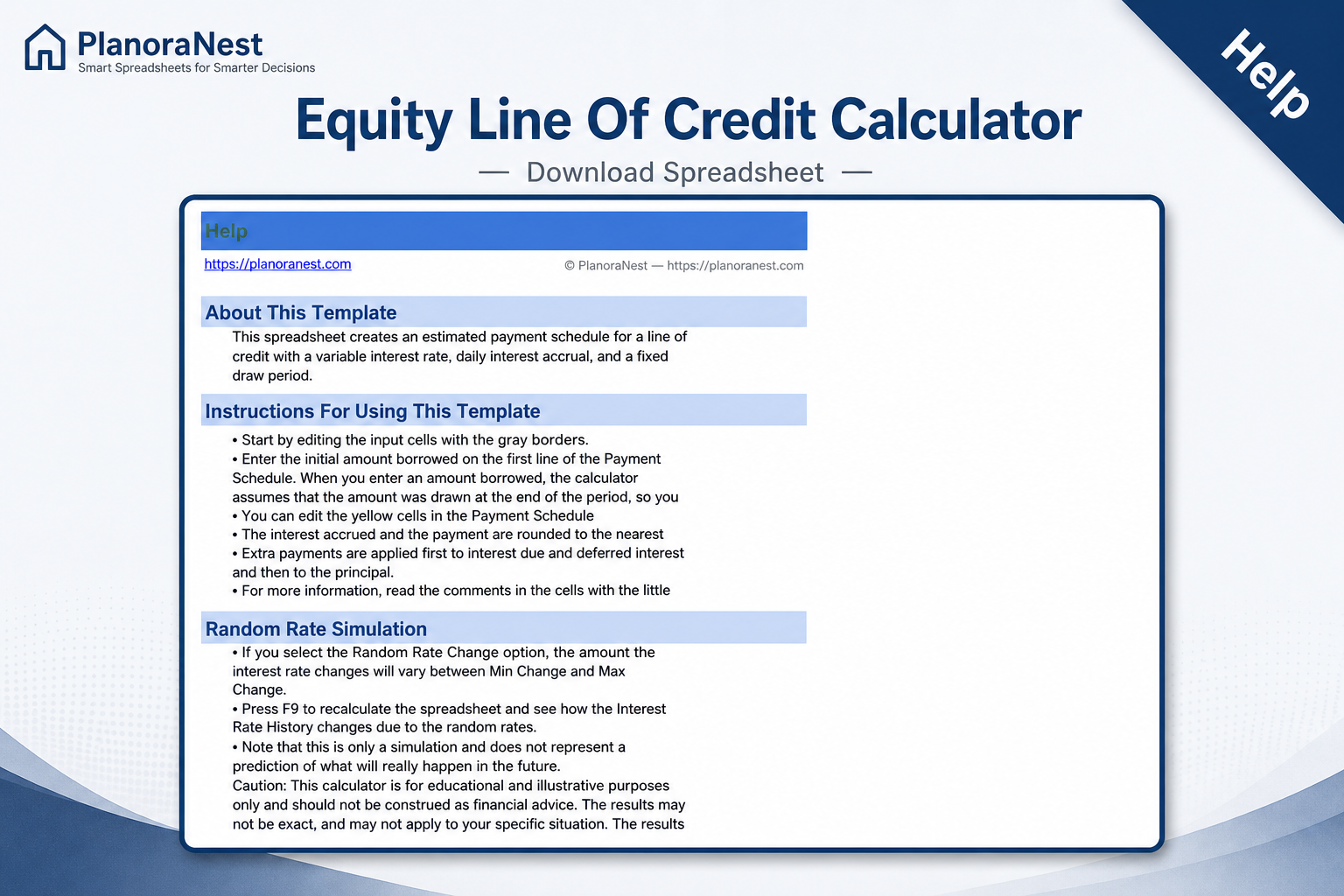 equity line of credit calculator download spreadsheet — Help sheet