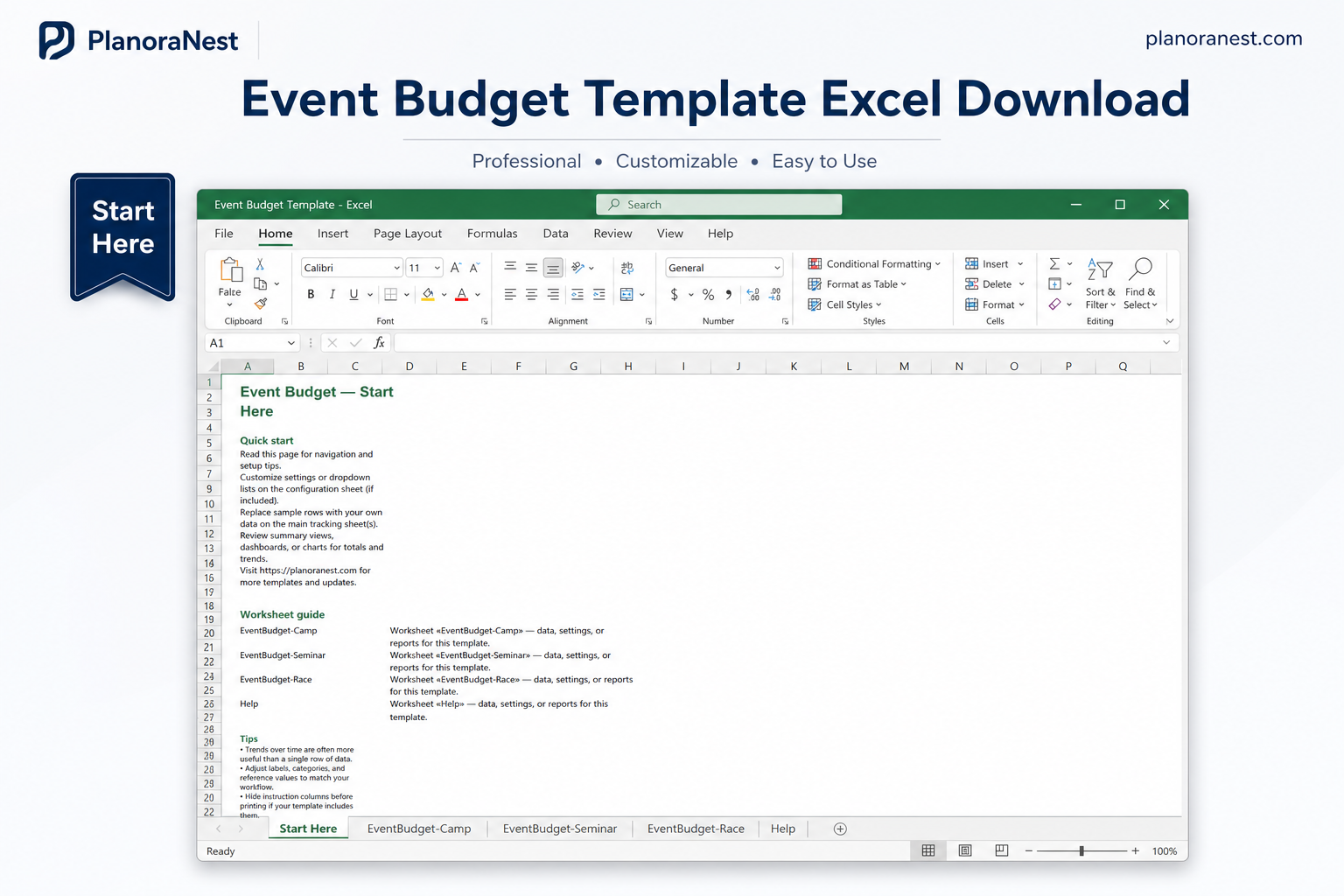 event planning event budget template excel start here screenshot — PlanoraNest Excel template