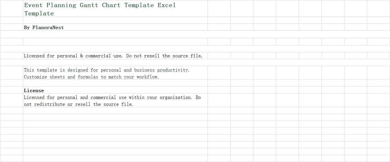 event planning gantt chart template excel screenshot — PlanoraNest Excel template