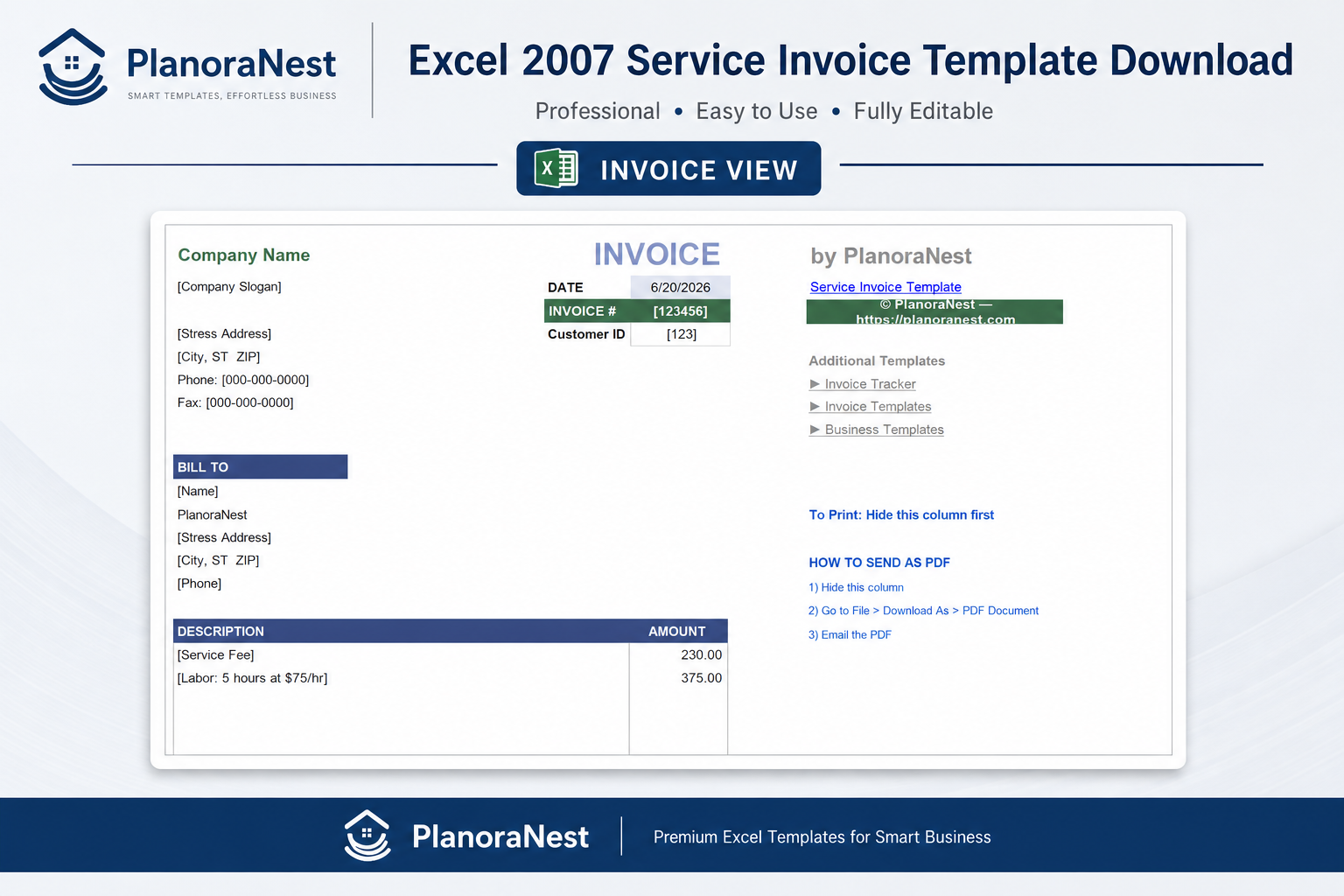 excel invoice template professional services screenshot — PlanoraNest Excel template