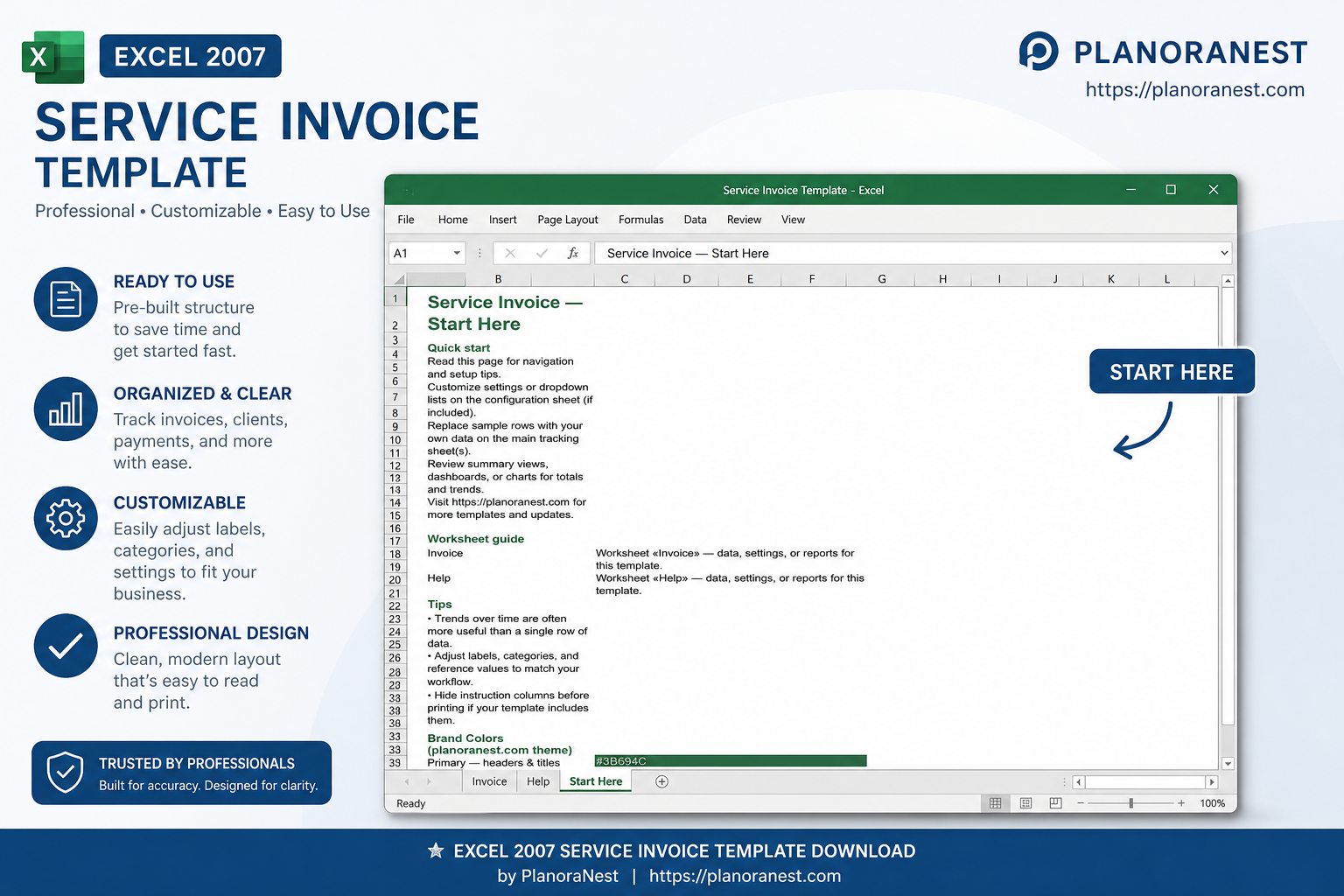 excel 2007 service invoice template download — Start Here sheet