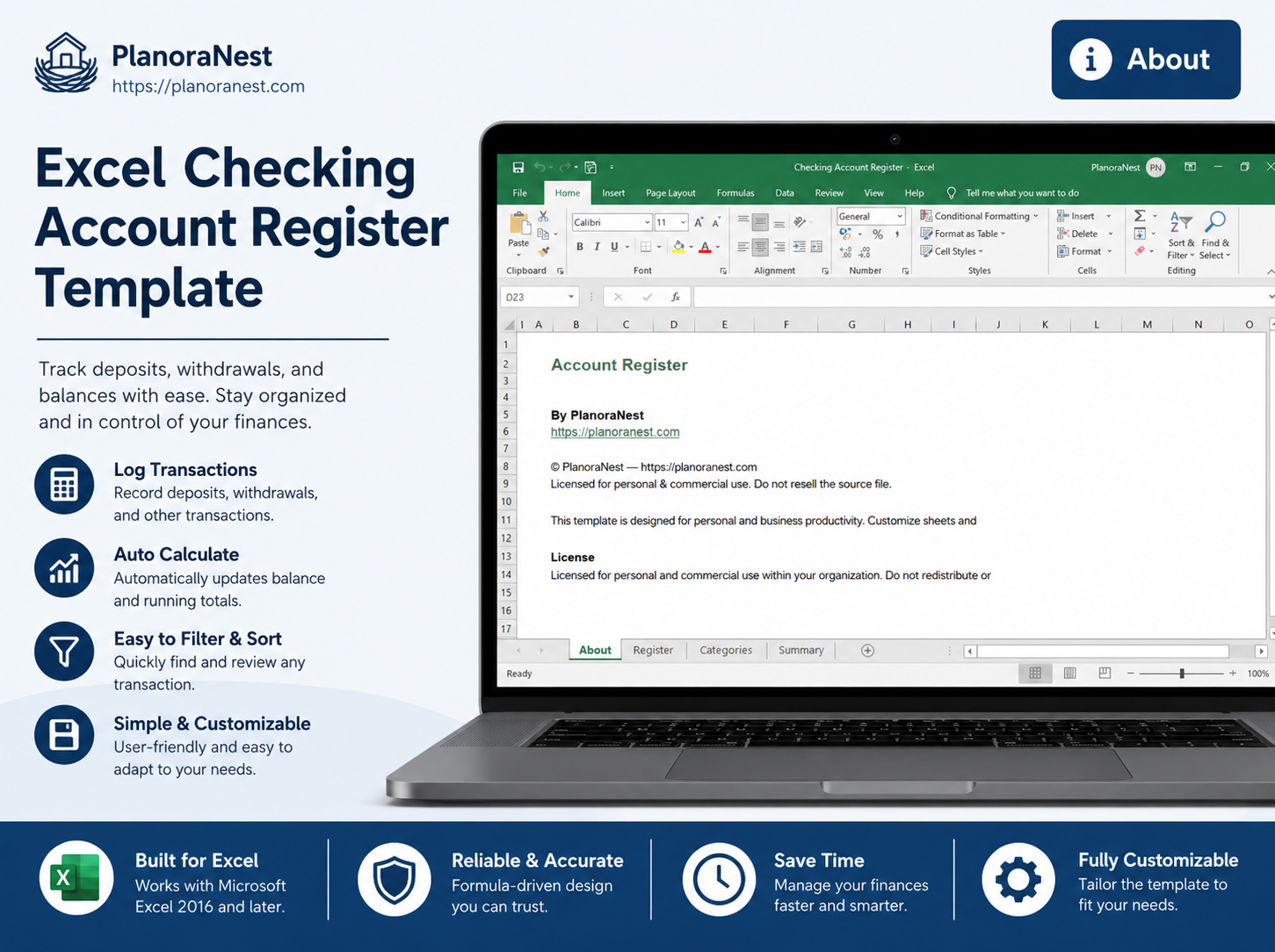 excel checking account register template — Register sheet