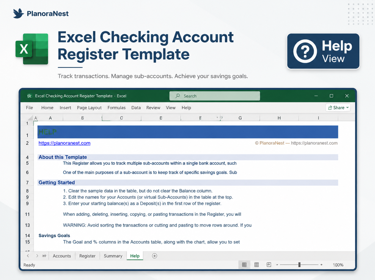 excel checking account register template — Help sheet