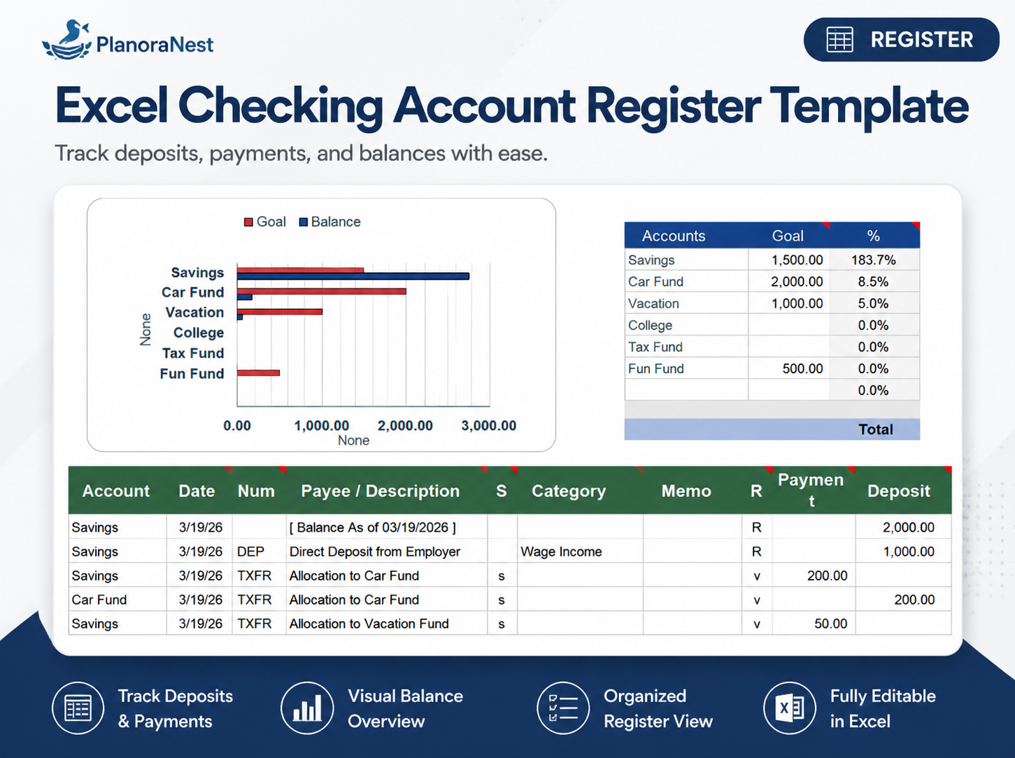 account register excel template screenshot — PlanoraNest Excel template
