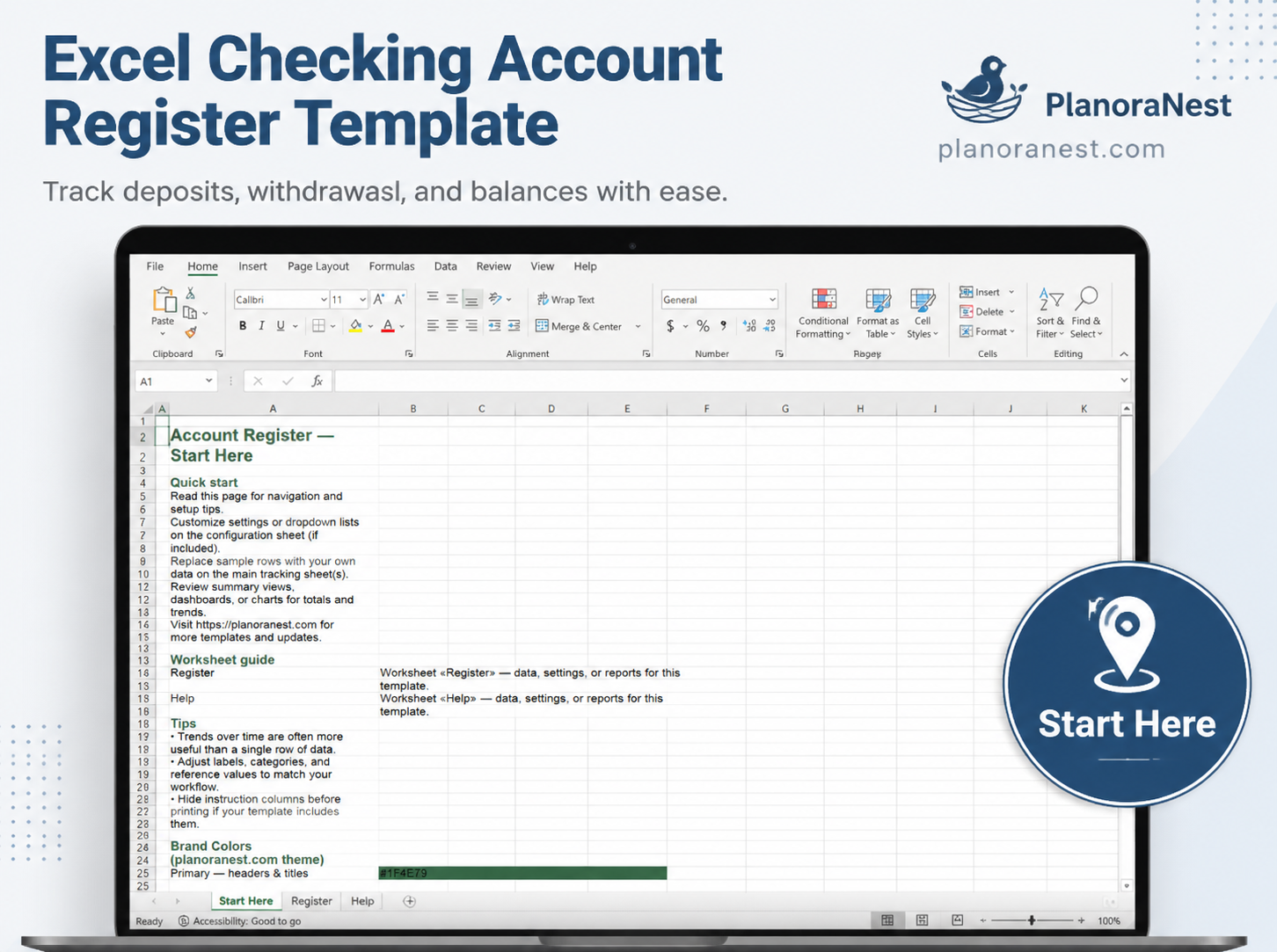 excel checking account register template — Start Here sheet